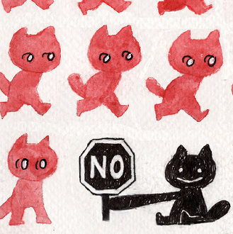2024 ink and watercolor illustration of a protesting kitty disrupting a crowd.